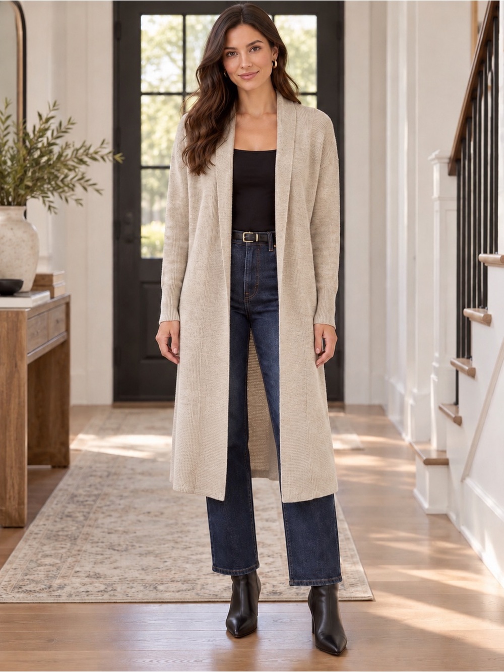Leith Cozy Long Open Front Duster Cardigan Oatmeal Beige -Size Small